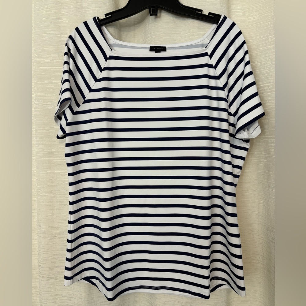 Talbots Effortless ladies Jersey Navy & White Square-neck Riviera Stripe size L